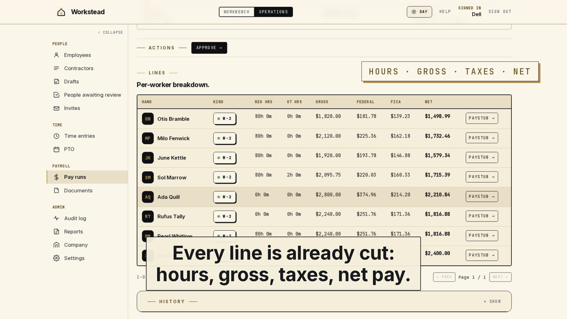 A pay run's line items filling in on the Workstead approve screen